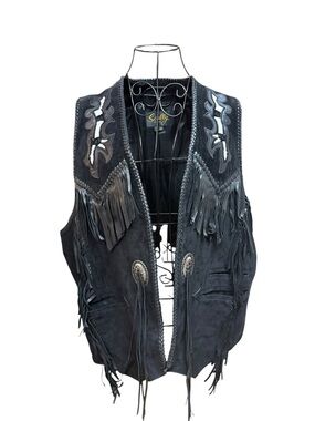 Scully Black Leather Fringe Vest with Decorative Beads and Stitching